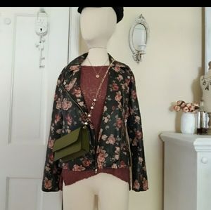 BB Dekota By Anthropology  black floral faux leather Moto jacket